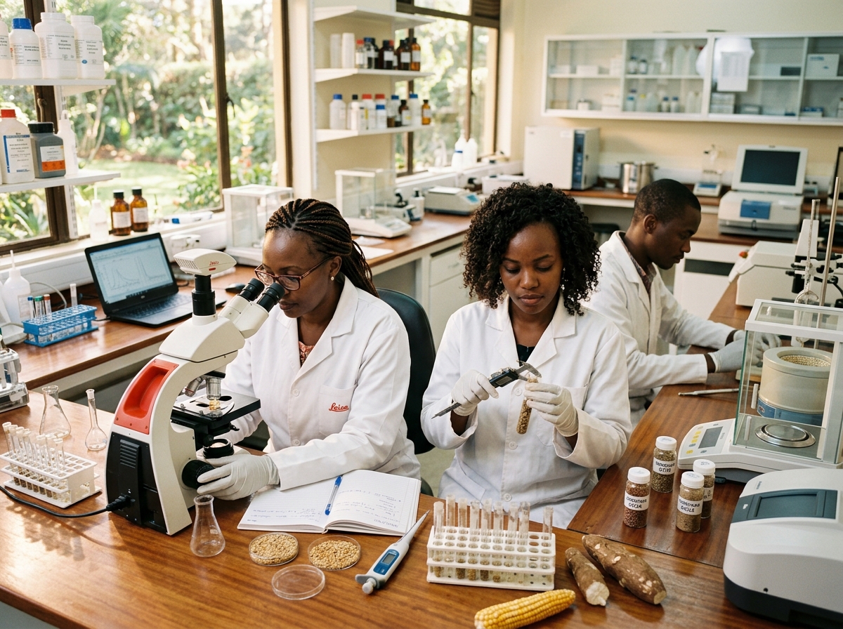 Researchers examining crop seedlings in the TechLocker laboratory